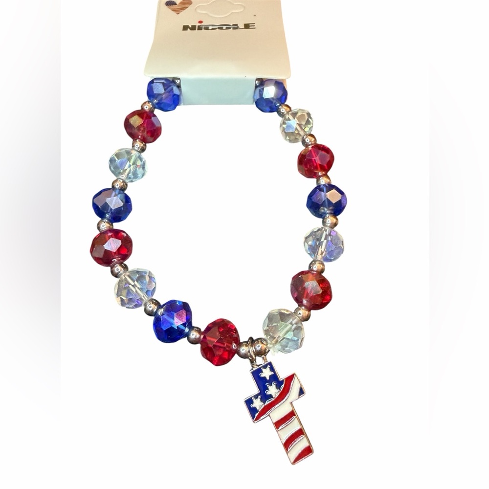 Patriotic Red Blue White Beaded Bracelet with Cross Bracelet Silver NWT